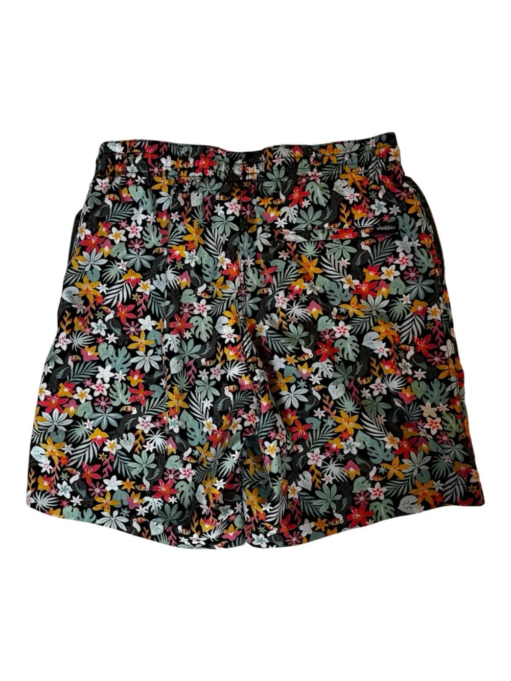 chubbies Floral Swim Trunks in Black with Pink Drawstring, Pockets